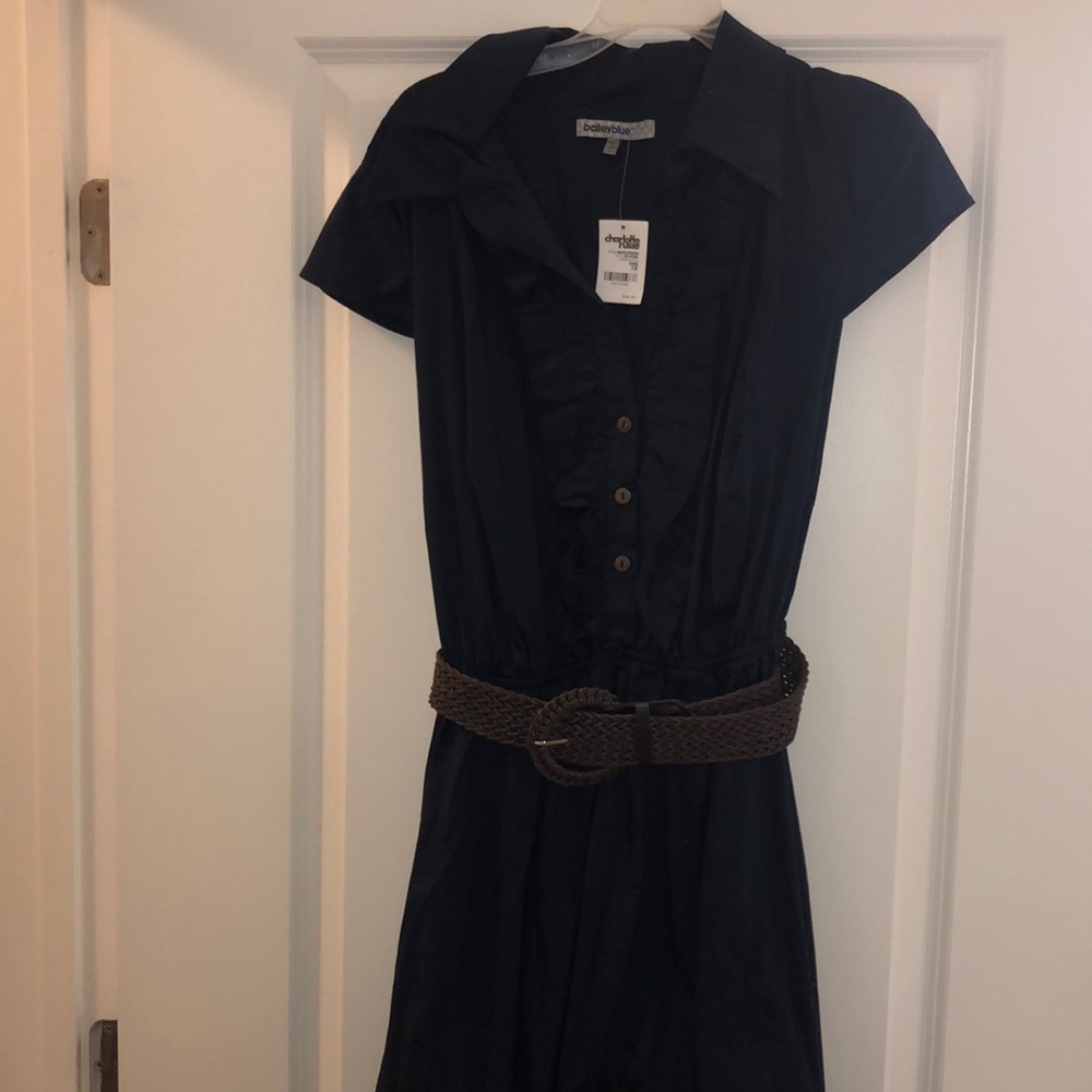Navy Blue Button Up Collar Dress with Belt